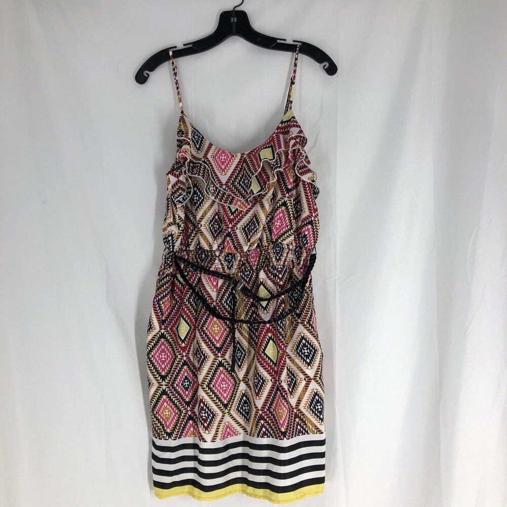 Love Reign Dress Womens XL Multicolor Midi Spaghetti Strap Boho Aztec Belted